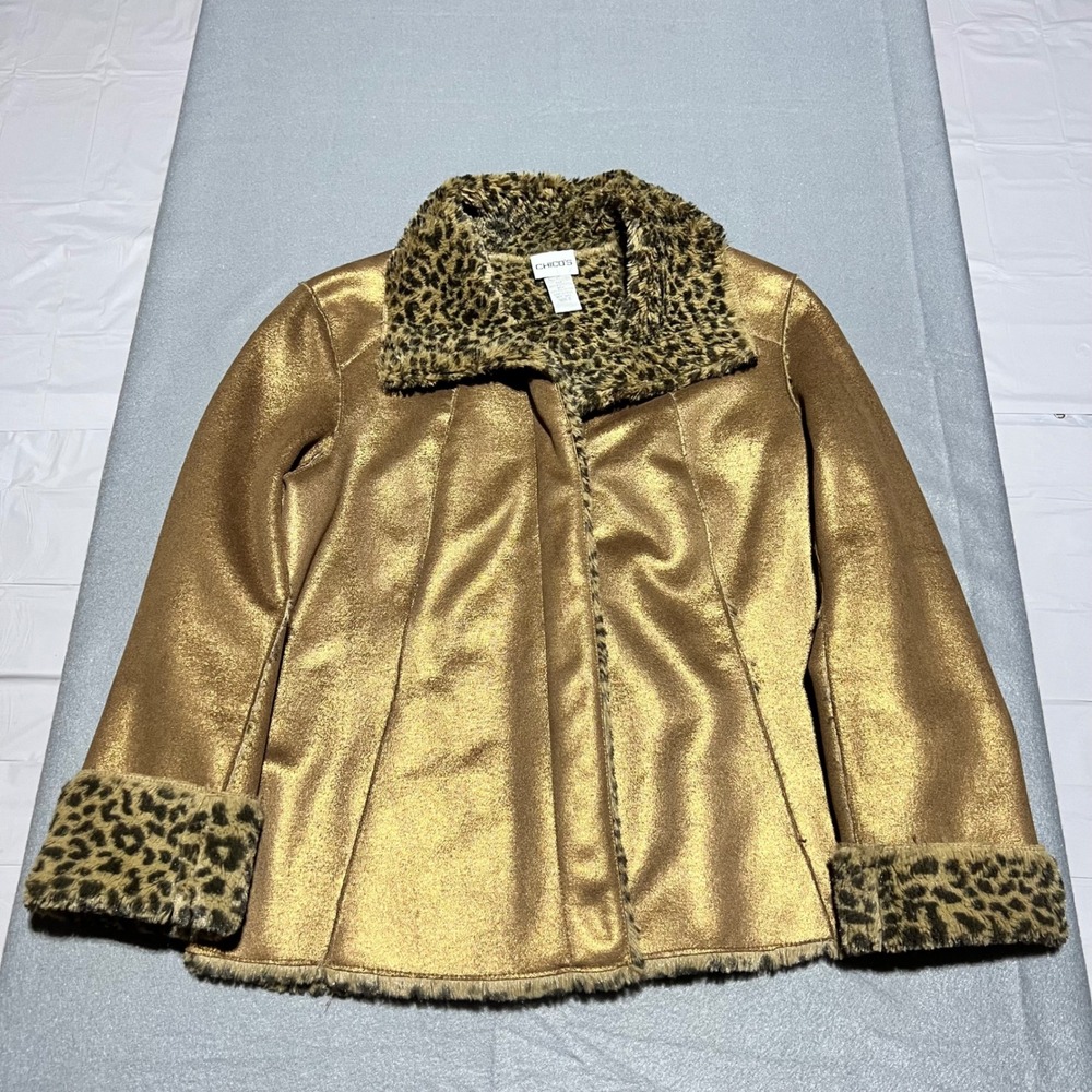 Chico's Gold Metallic Leopard Faux Fur Trim Jacket Size 0 Snap Front Glam